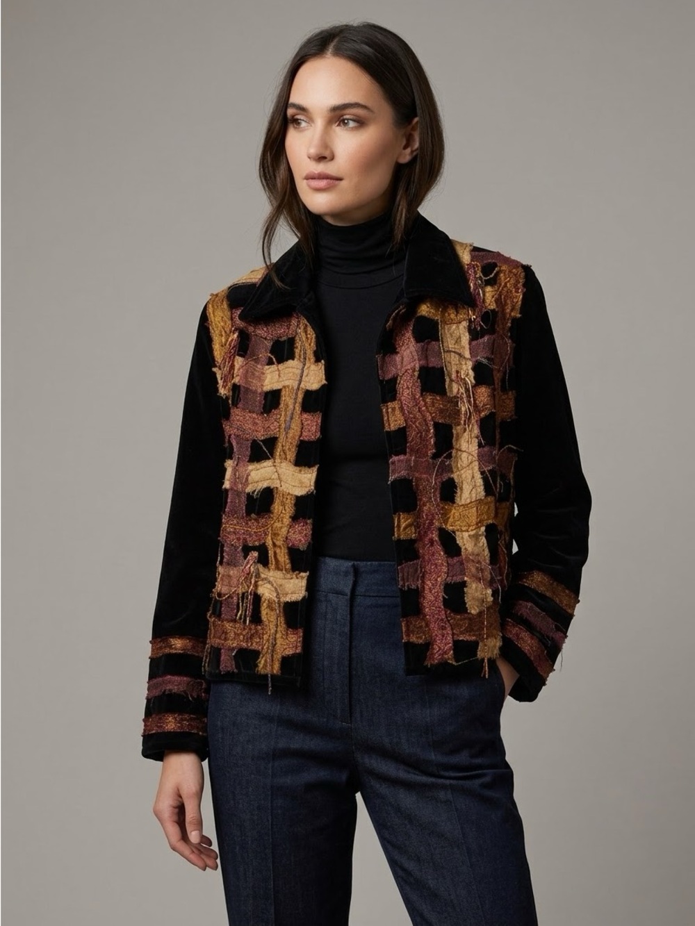 VTG  Yak Magik Jacket Black Velvet Boho Artsy Art to Wear Eclectic Unique 90s L
